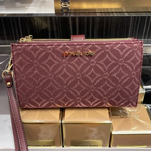 Michael Kors Jet Set Travel Large Double-Zip Wristlet-Wallet-PhoneHolder Oxblood - Picture 12 of 16